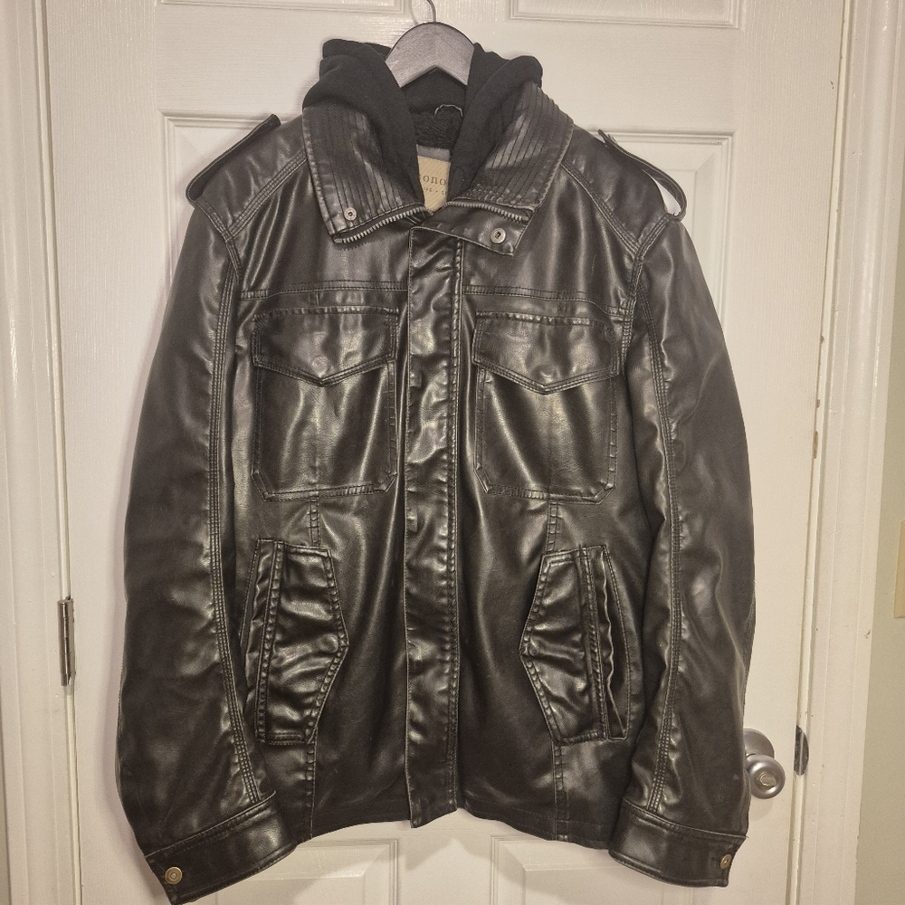 Sonoma Mens Faux Leather Sherpa Lined Jacket Moto Zip Button Removable Hood L